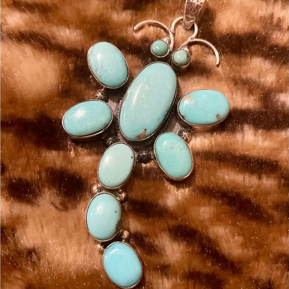 Huge Native American Sterling Silver Turquoise Dragonfly Pendant - Picture 7 of 8